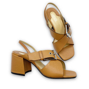 LABUCQ Tan Lizard Reptile Embossed Leather Heeled Sandal Women's Size 38 NEW